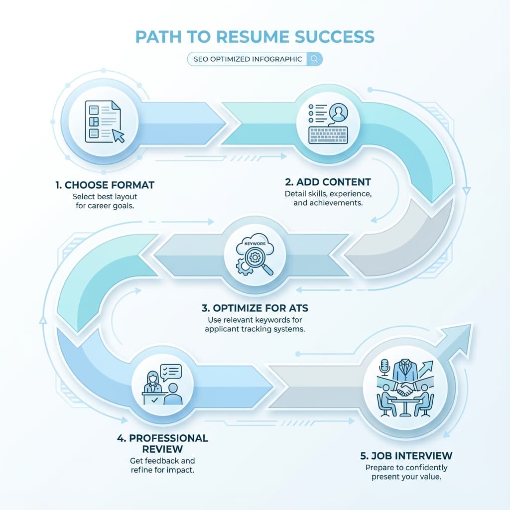 Path to Resume Success - A step-by-step visual guide to choosing a format, optimizing for ATS, and landing interviews.