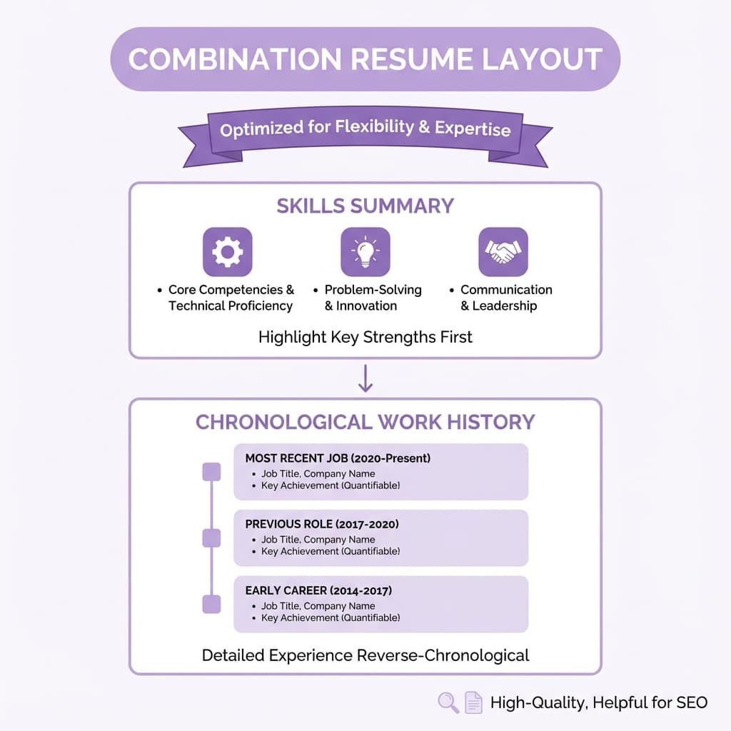 Combination Resume Structure Combination Resume Layout Guide - Visual guide to the hybrid resume format, showing how to balance skills and professional experience sections.