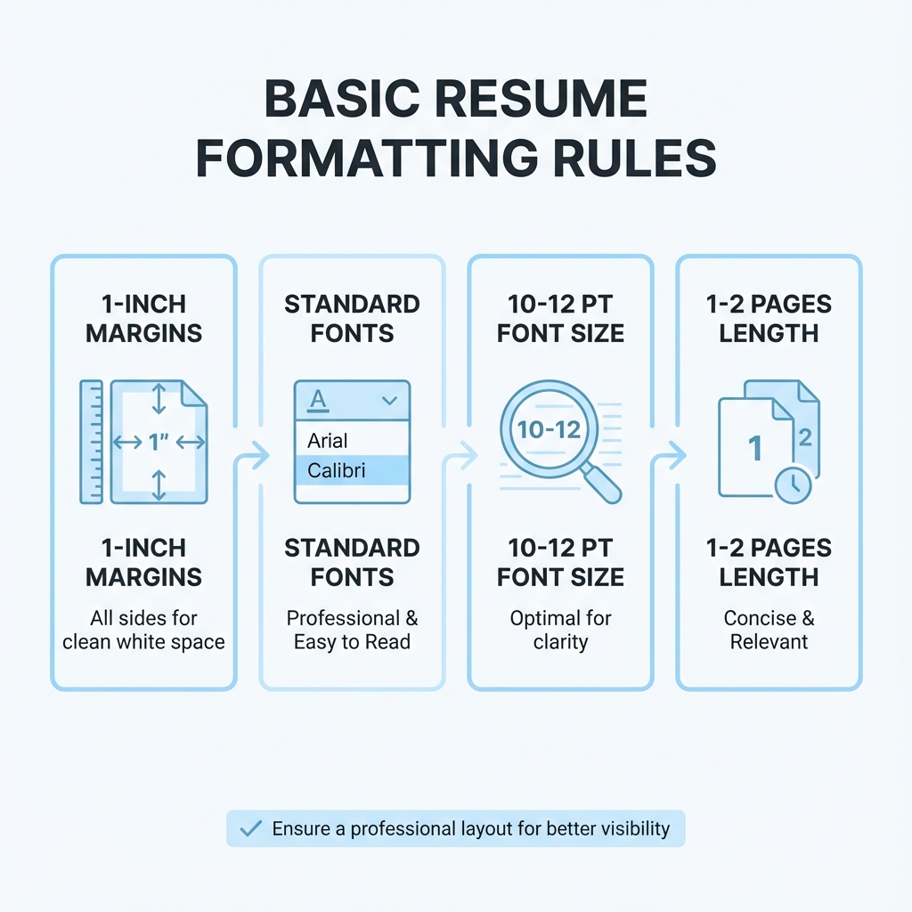 Basic Resume Formatting Rules Infographic - Guidelines for margins, font size, standard fonts, and resume length for 2025.