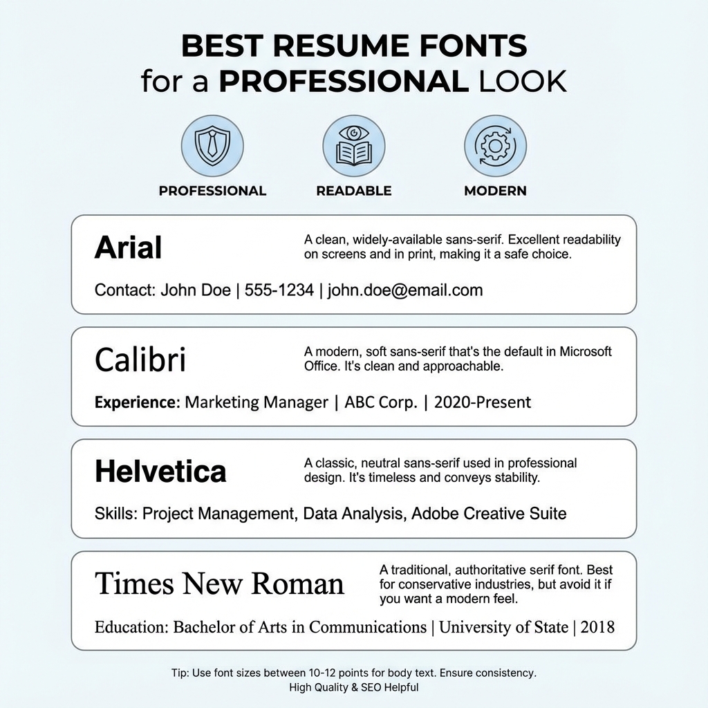 Best Resume Fonts Comparison - Visual guide to professional fonts like Arial, Calibri, and Helvetica that are both readable and ATS-friendly.